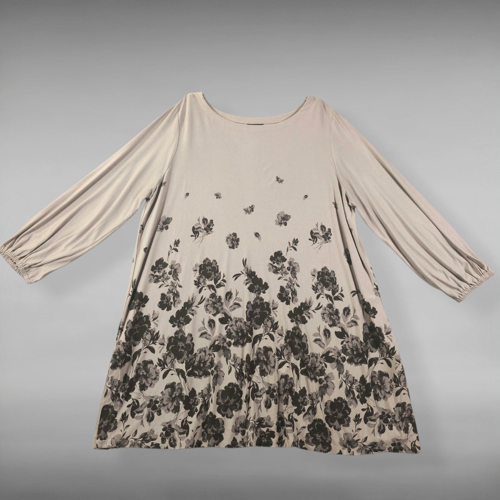J Jill Wearever Floral Tunic Top Viscose Knit Gray Taupe Women XL Tall Lg Sleeve